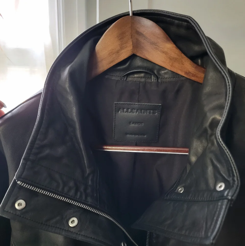 AllSaints Ryder Funnel Neck Cropped Lambskin Leather Jacket - Picture 3 of 13